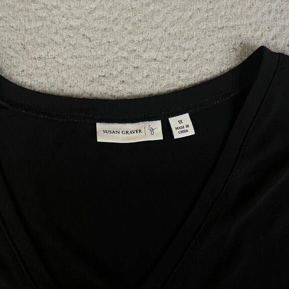 Susan Graver Weekend Blouse 1X  Black Knit 3/4 Sleeve V Neck Top Stretch - Picture 4 of 9